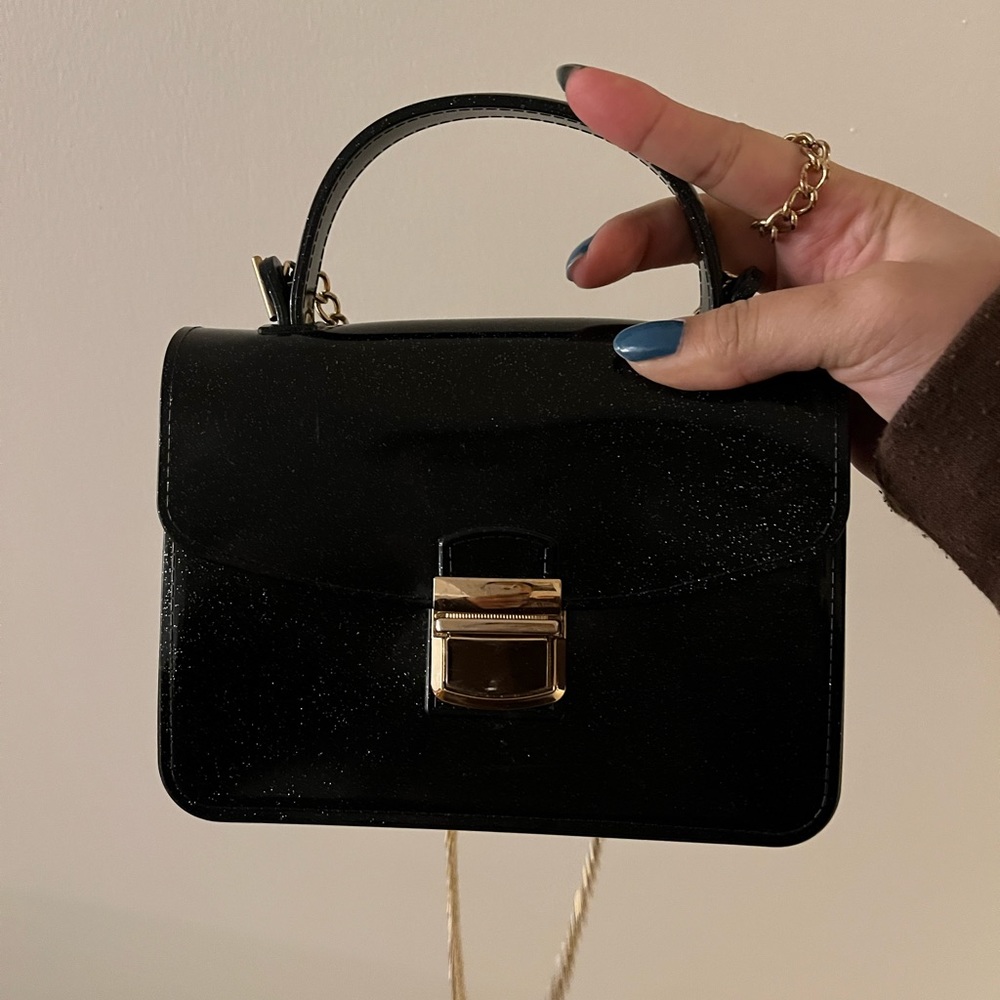 BP. black glitter jelly top handle bag with gold hardware and strap